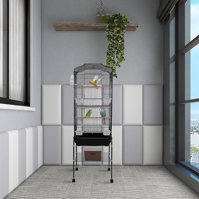 Extra Large Bird Cage, 54" Rolling Breeding Flight Bird Cages w/ 360° Wheels, Open Play Top Bird Cage with Detechable Stand for Parrots, Caiques, Macaw (Black)