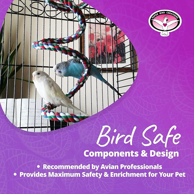 Super Bird Creations SB323 Small Bungee Bird Toy - Rope Perch for Canary, Parakeets, Cockatiels, Finch, Lovebirds - Colorful Hanging Perch - Enriching Bungee Toy for Small Birds & in Bird Cages