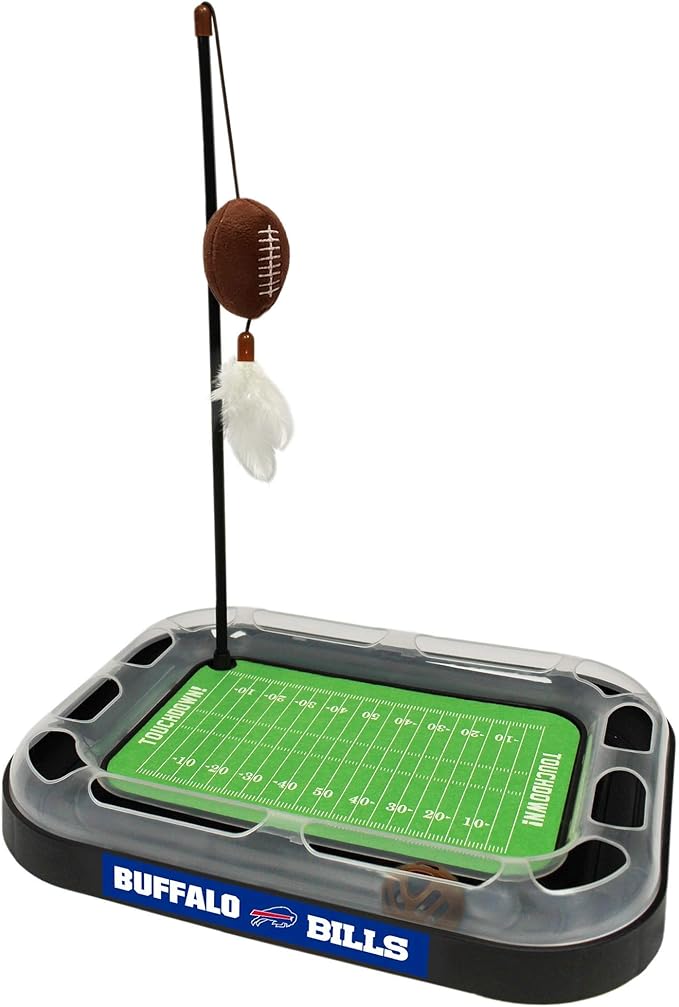 Pets First NFL Buffalo Bills Football Field CAT Scratcher Toy with Catnip Filled Plush Football Toy & Feather Cat Toy Hanging, with Jingle Bell Interactive Ball Cat Chasing 5-in-1 Kitty Toy