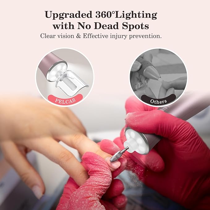 PELCAS Electric Nail File, 10 Speeds Cordless Nail Drill Kit with LED Light, Professional Nail Grinder with LCD Screen Portable e File for Human, Pet, Thick Toenails, Natural & Acrylic Nails Pink