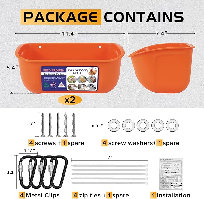 Goovilla Chicken Feeder Waterer, Hanging or Screw-in Fence Feeder with Clips, 2 Pack 5 Quart Goat Feeder Supplies, Duck Piglet Sheeple Coop Dog Livestock Poultry Plastic Feeder Trough Bucket, Orange