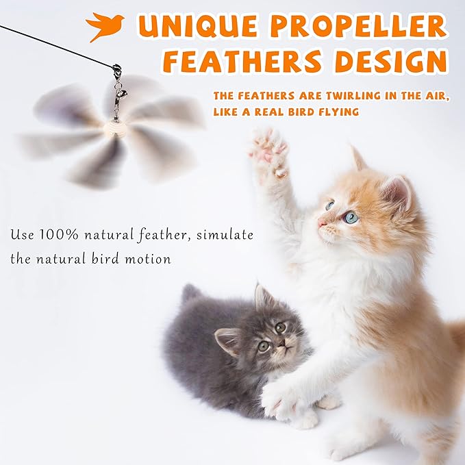 JXFUKAL Cat Wand Toys, Interactive Cat Toys with 3 Feather Refills, 29'' Flexible Steel Wire, Sturdy Wood Handle & Bell for Kitty Kitten, Cat Toys for Indoor Cats Teaser Cat String Toy