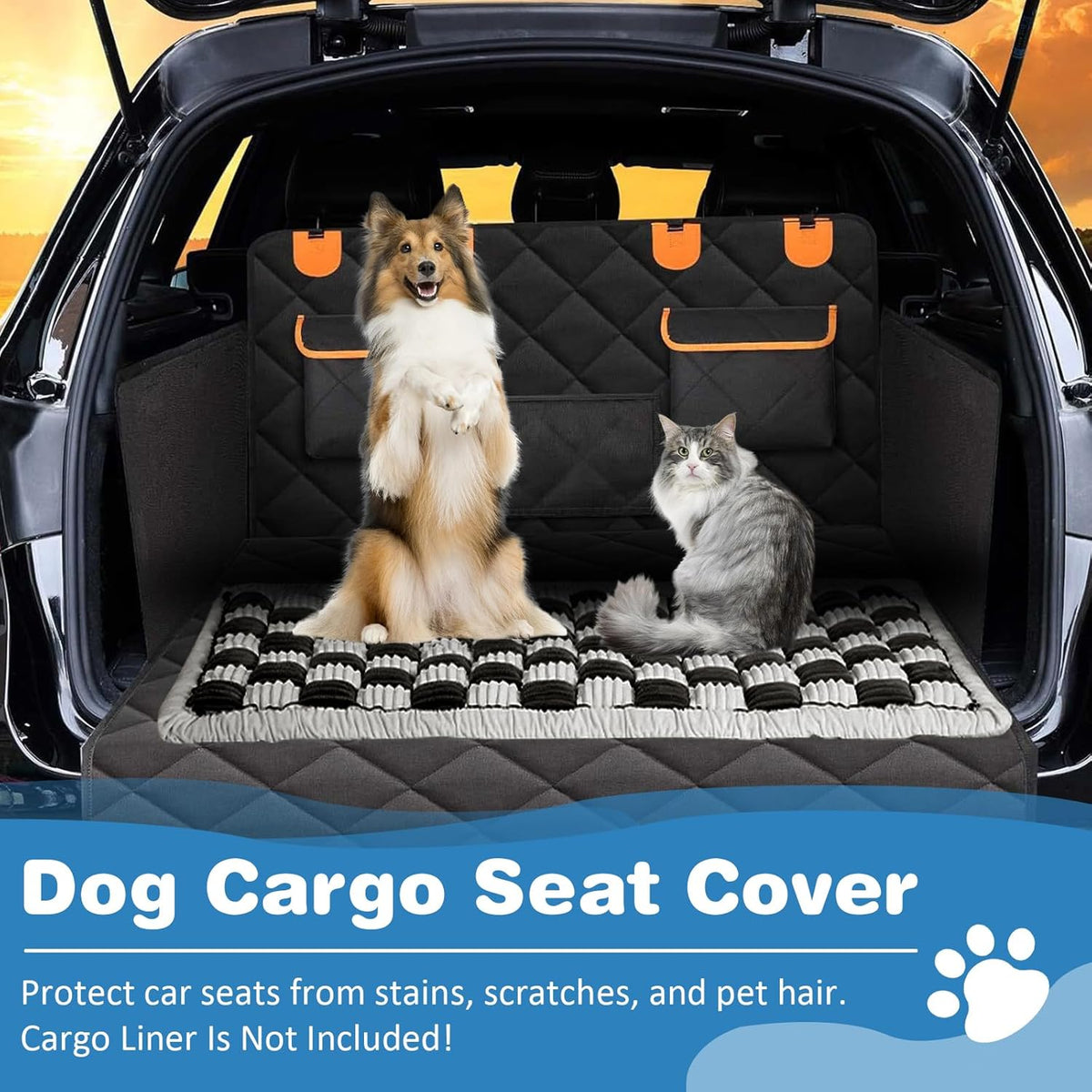 VClife Car Back Seat Cover for Dog, Non Slip Pet Bed Mat Washable Backseat Extender Cushion, Furry Dog Cat Travel Blanket Bed Modern White Black Plaid Bed, 51"×23.6"