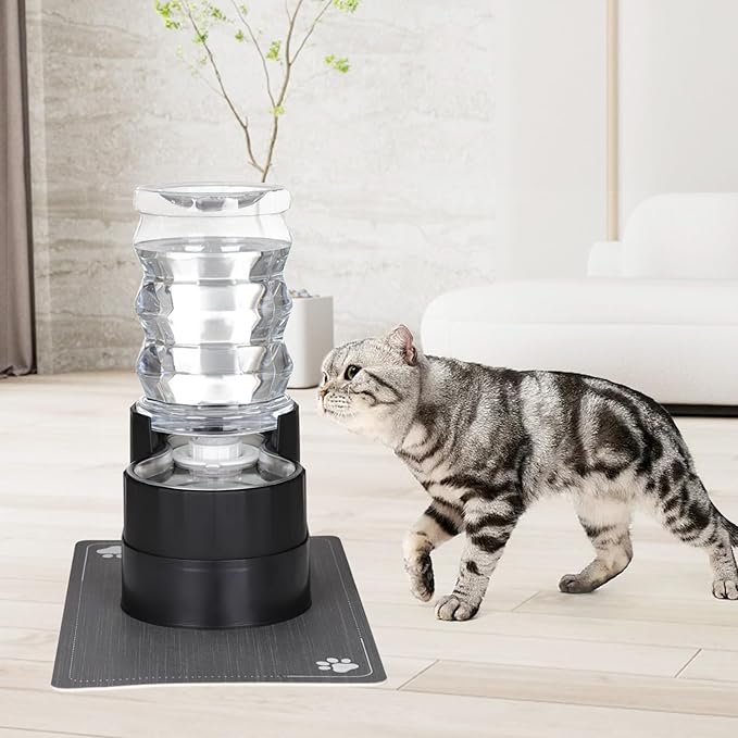 RIZZARI Automatic Cat Water Dispenser: Black 7L Elevated Fountain - Stainless Steel Gravity Feeder - Splash Guard Mat
