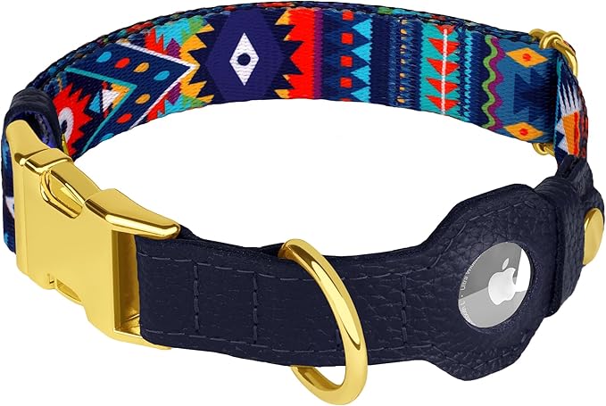 AirTag Dog Collar for Small Medium Large Breed - Adjustable Cute Pattern Dog Collar with Airtag Holder - Soft Leather Tracker GPS Apple Air Tag Pet Collars (Medium, 14"-18" Neck Fit, Navajo)