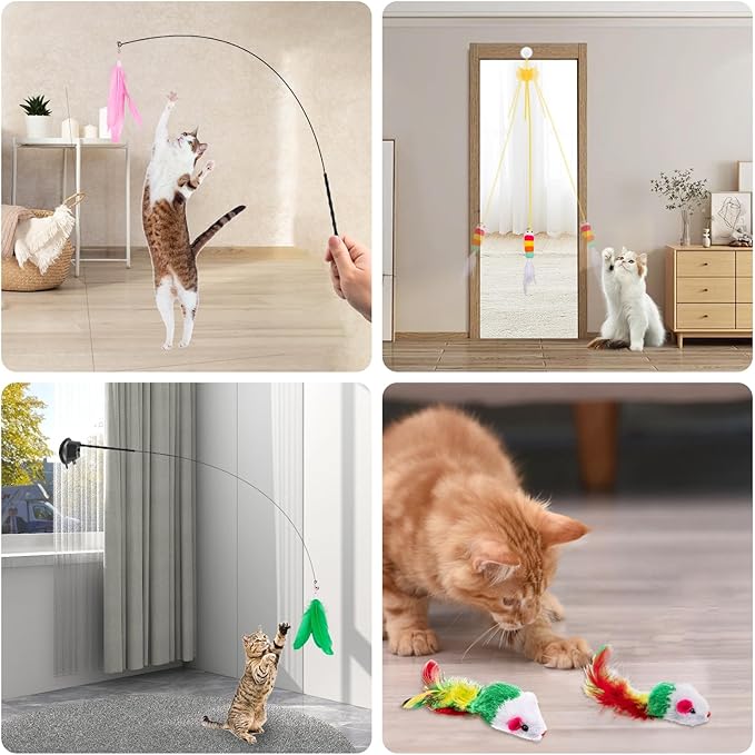Depets Cat Wand Toy, 15 Pcs Interactive Cat Feather Toys for Indoor Self Play & Exercise, 2 Play Modes Kitten Teaser Wand, Reusable Suction Cup Kitten Toys