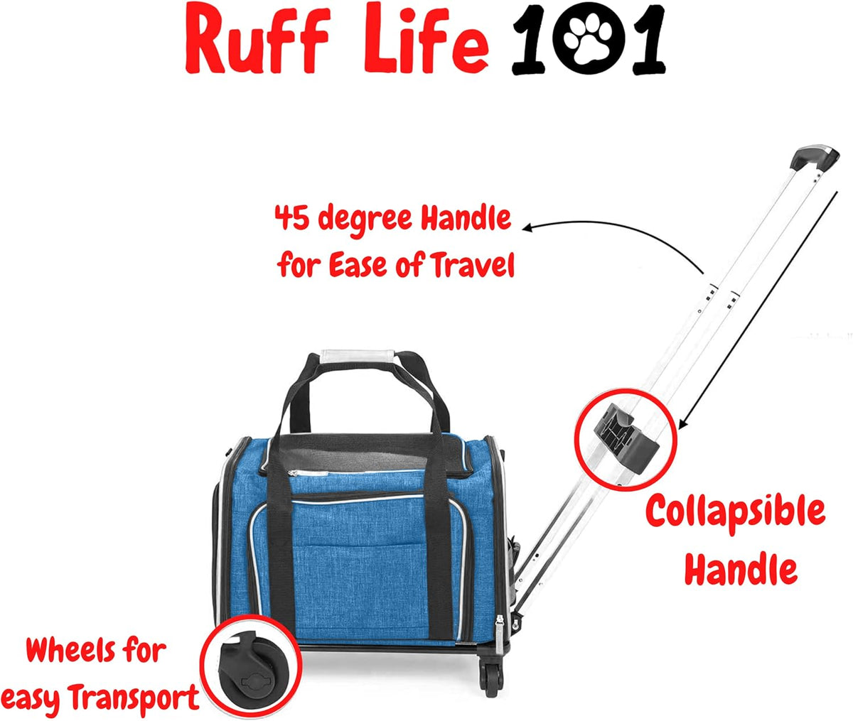 Airline Approved Expandable Premium Pet Carrier on Wheels- Two Sided Expandable Rolling Carrier- Designed for Dogs & Cats- Extra Spacious Soft Lined Carrier! (Blue)