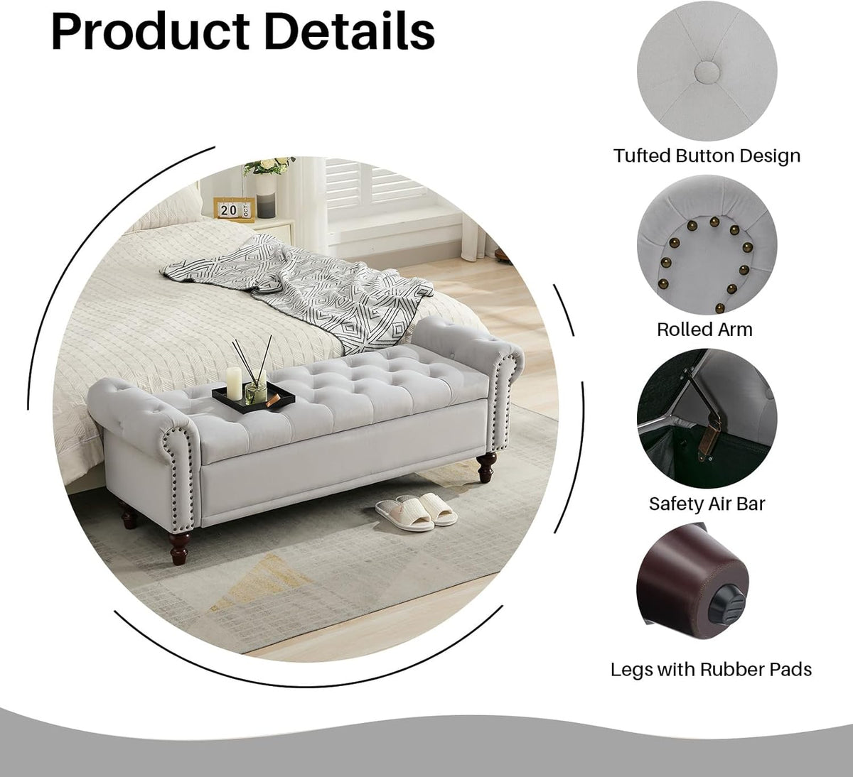 Storage Bench Upholstered Velvet End of Bedroom Bed Bench Ottoman with Tufted Cushioned Rolled Arm Large Storage Space for Reading Living Room Entryway, Light Grey
