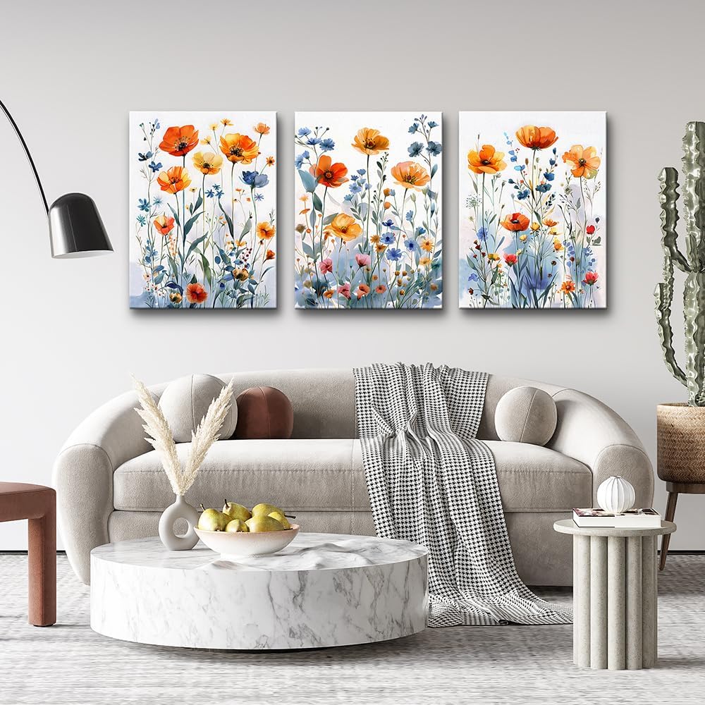 TTHYUEWS Large Canvas Wall Decor for Living Room Boho Wall Art for Bedroom Wall Decorations For Kitchen Family Room Wall Pictures Artwork Flowers Watercolour Paintings Modern Home Decor 3 Pieces