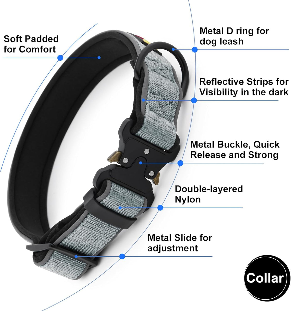 Plutus Pet Tactical Dog Collar, Reflective, Adjustable Heavy Duty Dog Collar, Soft Padded and Comfortable, for Small Medium and Large Dogs (Gray, XS)