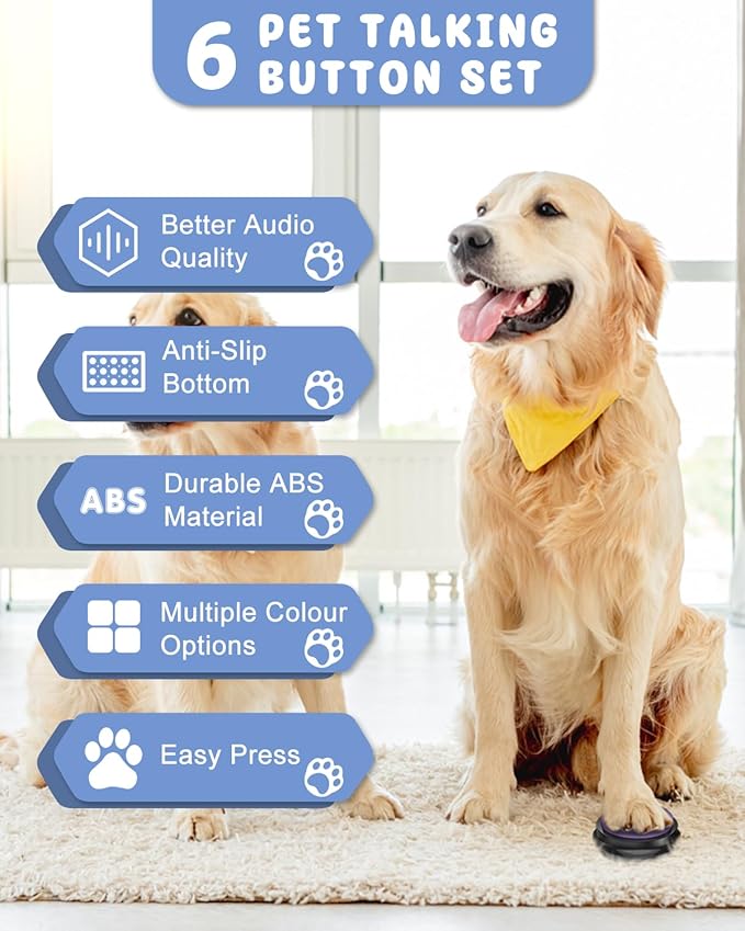 Dog Buttons for Communication, 6 Pcs Dog Talking Button Set, 30s Voice Recordable Pet Training Buzzer, Speaking Buttons for Cats & Dogs with Waterproof Dog Activity Mat and 24 Scene Stickers
