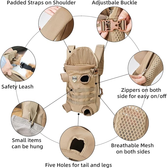 FLAdorepet Dog Carrier Tactical Backpack for Small Medium Dogs,Soft Hands-Free Legs Out Pet Front Cat Dog Carrier Backpack Travel Bag for Outdoor Traveling Hiking Camping (Large, Khaki)