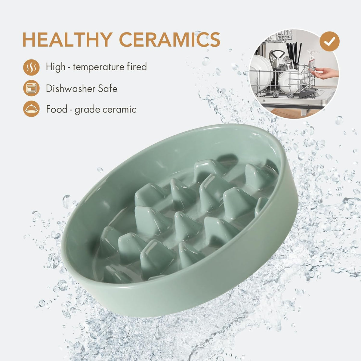 Ceramic 9.5 inch Dog Bowl Slow Feeder, Slow Pet Food Dish for Large Dog, Stop Bloat, Preventing Choking(Single Bowl,Light Green)