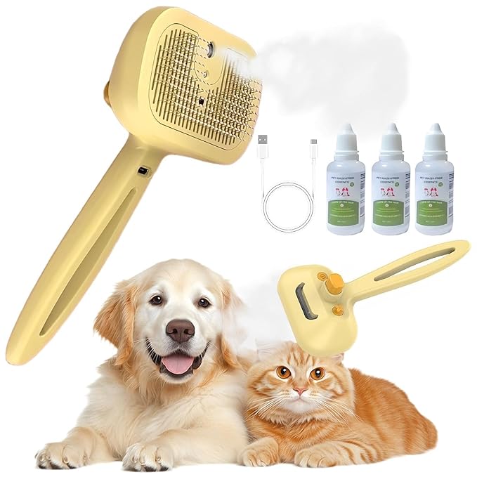 Pet Steam Brush Dog Four in One Multi-Purpose Cat Steam Brush Has Self-Cleaning Function Anti Static Massage Cleaning and Shedding Innovative Spray Function is Ideal for Cats and Dogs