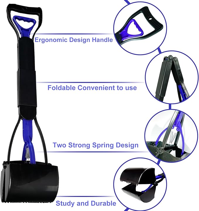 Pooper Scooper with Bags, 32" Long Handle Dog Poop Scooper for Large Medium Small Dogs, Durable Spring and High Strength Material Foldable Waste Pickup Tool for Easy Grass and Gravel Pick Up, Blue