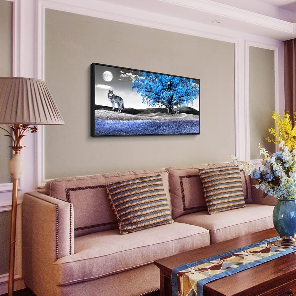 Frame Canvas Wall Art For Living Room Family Wall Decorations For Bedroom Modern Office Wall Decor Paintings Blue Tree Landscape Pictures Artwork Canvas Art Prints Home Decor Black Framed 24" X 48"