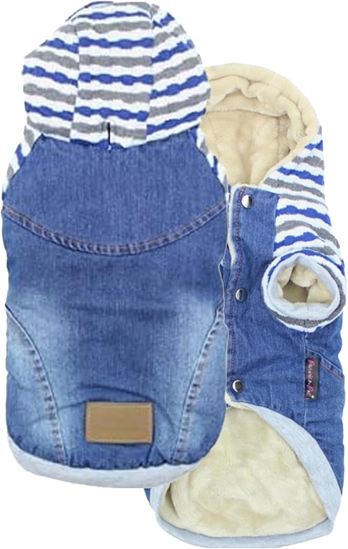 Parisian Pet Basic Dog Hoodie - Lightweight Denim Striped Sweatshirt With Leash Hole and Pockets - Blue Cotton Clothes for Medium Dogs - M