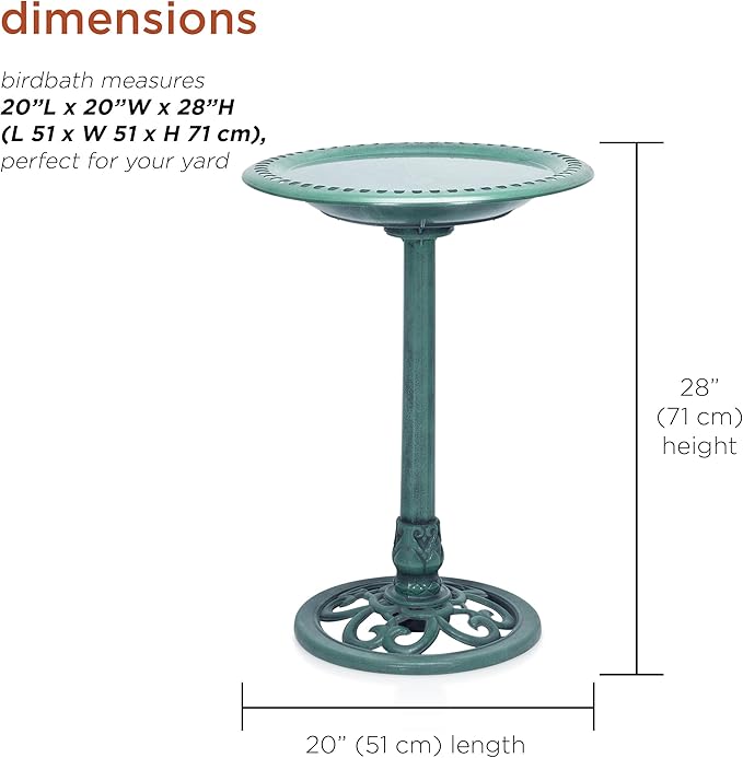 Alpine Corporation TEC116 Outdoor Aged Green Pedestal Birdbath with Scrollwork, 28" Tall, Green