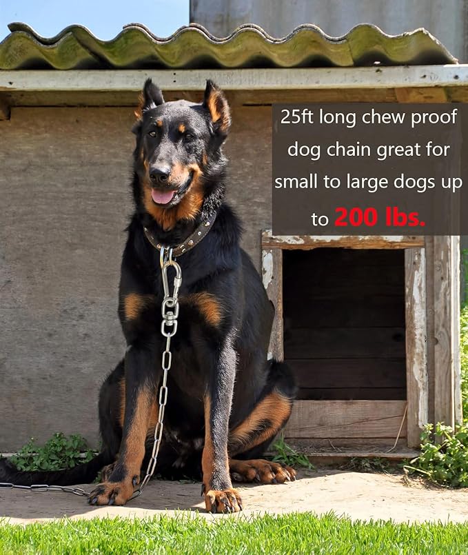 25ft Dog Chains for Outside - Heavy Duty Tie Out Chain Leash Great for Small to Large Dogs Up to 200Lbs - Chew Proof Long Chain for Yard Camping or Travel