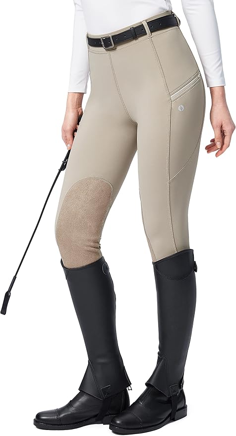 SANTINY Women's Horse Riding Pants with Zipper Pockets Knee-Patch Schooling Tights Equestrian Breeches for Women