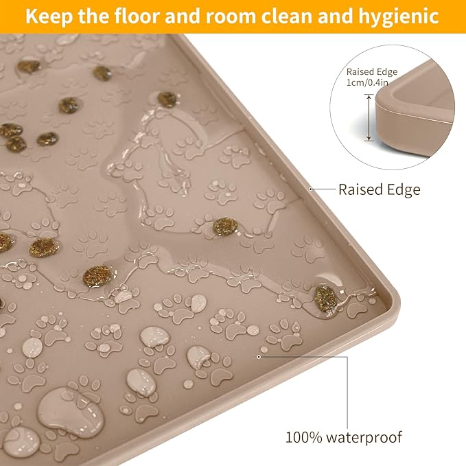 Ptlom Dog Food Mat Anti-Slip Bowl Mats for Food and Water, Waterproof Pet Placemat with High Raised Edges, Silicone Puppy Feeding Tray for Small, Medium Large Dogs Cats, Taupe, 31.5" 23.6"