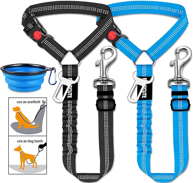 3 Piece Set Dog Seat Belt Retractable Dog Car Seatbelts Adjustable Pet Seat Belt for Vehicle Headrest Restraint Adjustable Heavy Duty & Elastic & Durable Car Harness for Dogs 06-Black+Blue