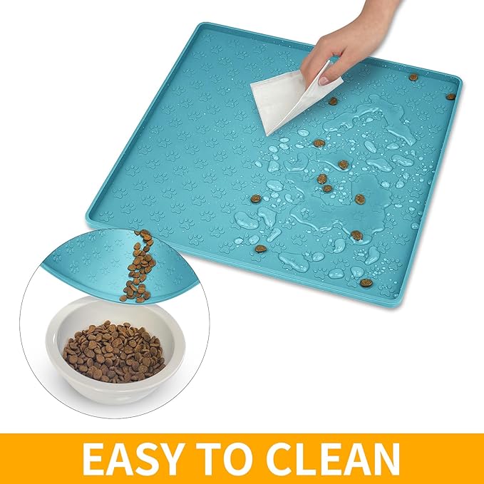 Ptlom Dog Food Mat Anti-Slip Bowl Mats for Food and Water, Waterproof Silicone Pet Placemat with High Raised Edges, Non-Slip Puppy Feeding Tray for Small, Medium Large Cats Dogs, Blue, 11.8"x11.8"