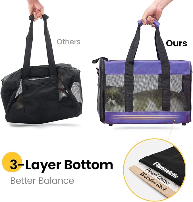 Dog Carrier Soft Sided, Large Cat Carrier with Inner Safety Leash, Pet Transport Carrier for Large Cats and Medium Dogs up to 20 Lbs, Collapsible Travel Puppy Carrier Bag -Purple L