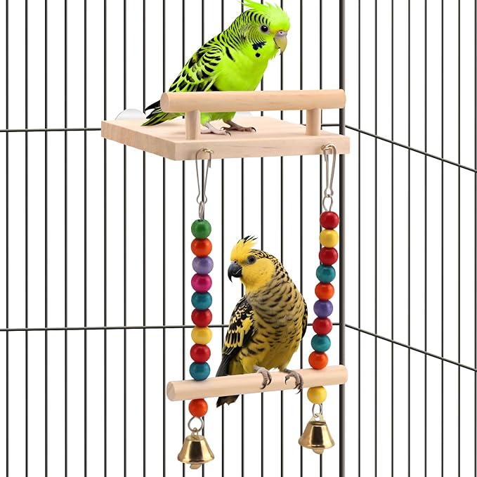 Natural Wood Bird Perch Swing - Cage Platform for Budgies, Cockatiels, Parakeets & Small Birds - Adjustable Play Rest Gym