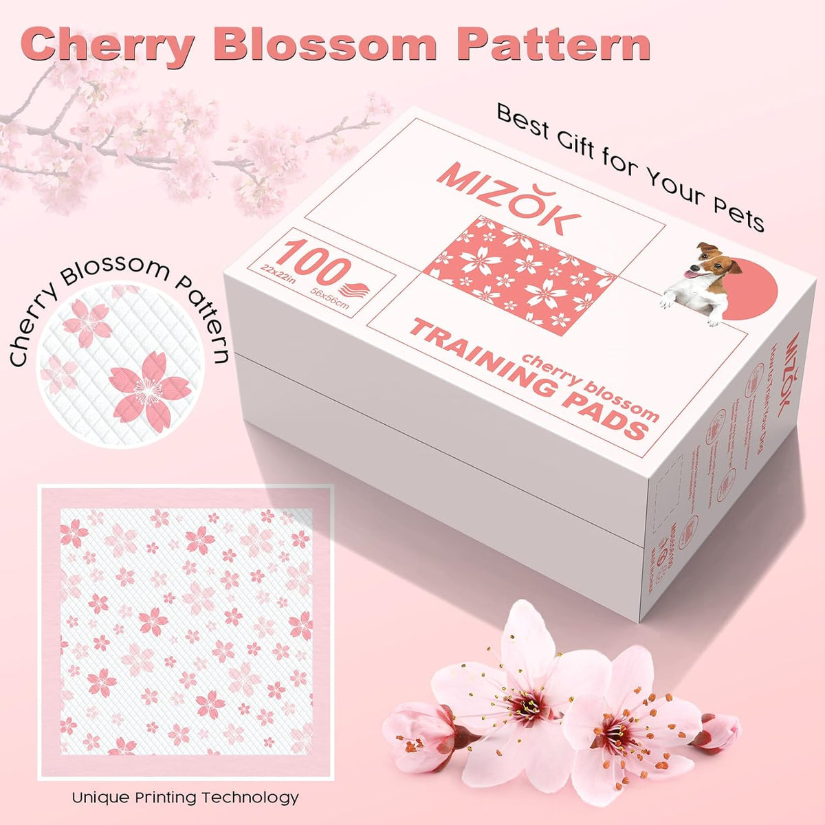 MIZOK Puppy Pads 22"x 22" with Leak-Proof Quick-Dry Design Pee Pads for Dogs Potty Training, 6-Layer Standard Absorbency Dog Pee Pads Regular Size, Pink Cherry Blossom Pattern (100 Counts)
