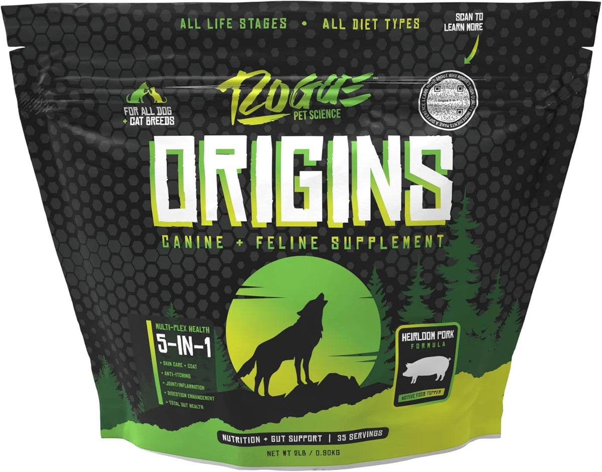 Origins 5-in-1 Dog Supplement - Powdered Food Topper w/Natural Heirloom Pork Protein- Supports Healthy Digestion, Skin, and Coat - Helps Reduce Itching & Joint Inflammation (2 lbs)