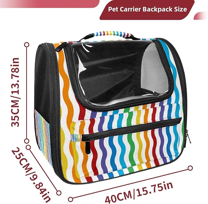 Colorful Wavy Pattern Rainbow Pet Carrier Airline Approved Soft Sided Portable Cozy Travel Pet Bag, Car Seat Safe Carrier for Cats and Dogs