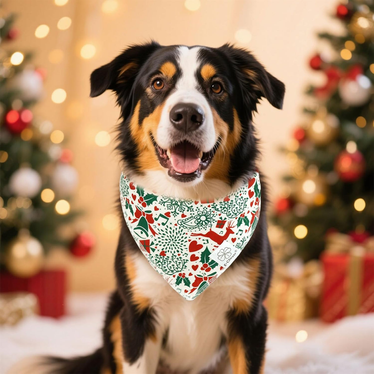 E-Clover Christmas Dog Bandanas & Matching Scrunchie Set White Green Red Dog Scarf Bibs Pet Bandana with Bow Tie for Small Dogs Puppy Owner Mom Winter