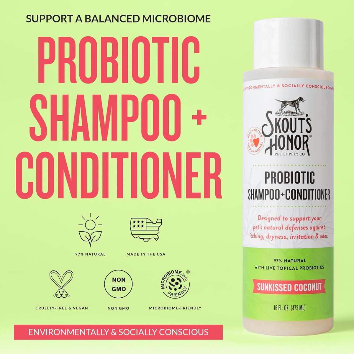 Skout's Honor Probiotic Dog Shampoo & Conditioner with Avocado Oil & Omega-3s, 97% Natural, Paraben & Sulfate-Free, Cruelty-Free, 16oz, Sunkissed Coconut, 2-Pack