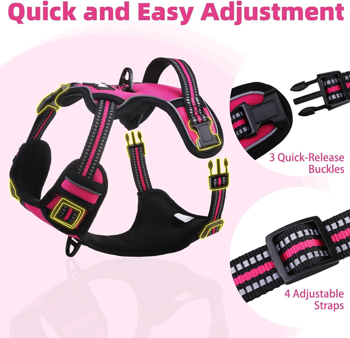 PUPTECK No Pull Dog Harness Small Sized, Adjustable Reflective Dog Harness with Handle Easy Control, Comfortable Soft Padded Pet Vest Harness for Small Dogs, Fuschia S