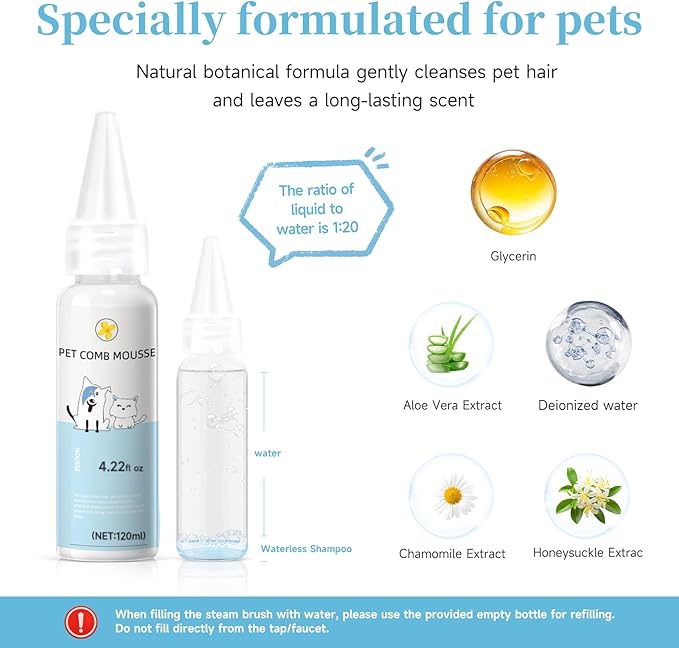 Pet Steam Brush for Dog & Cat–3-in-1 Spray Hair Removal Comb–Steam Brush for Shedding & Grooming–Water Brushes for Long & Short Haired Pets–Spritz Defur Comb–Includes Waterless Shampoo & Ear Wipes