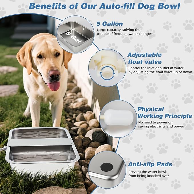 YUEPET 5 Gallon Auto Dog Water Bowl Dispenser Outside Automatic Water Dispenser for Large Dogs Stainless Steel Auto-Fill Dog Waterer Feeder with Float Valve for Pets Indoor Outdoor Use