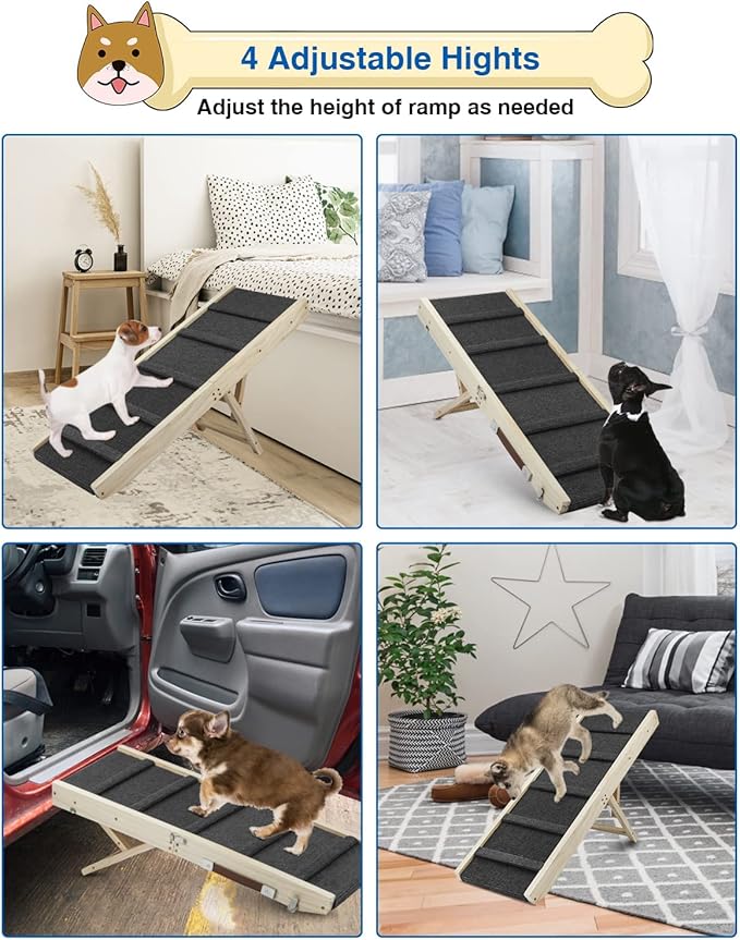 Adjustable Dog Ramp, Wooden Folding Portable Pet Ramp,Rated for 30 LBS, 32.6" Long and Adjustable from 10" to 19" with Non-Slip Traction Mat, Dog Step for Bed, Couch,Car (Grey)