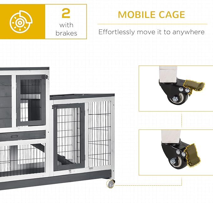 PawHut Wooden Rabbit Hutch Elevated Bunny Cage Indoor Small Animal Habitat with Enclosed Run with Wheels, Ramp, Removable Tray Ideal for Guinea Pigs, Grey