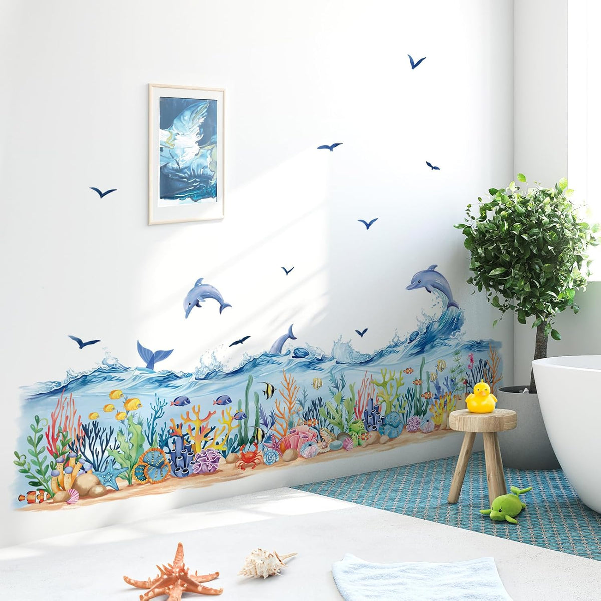 decalmile Under The Sea Seaweed Grass Wall Decals Dolphins Fish Ocean Wave Baseboard Skirting Line Wall Stickers Kids Bedroom Bathroom Wall Decor