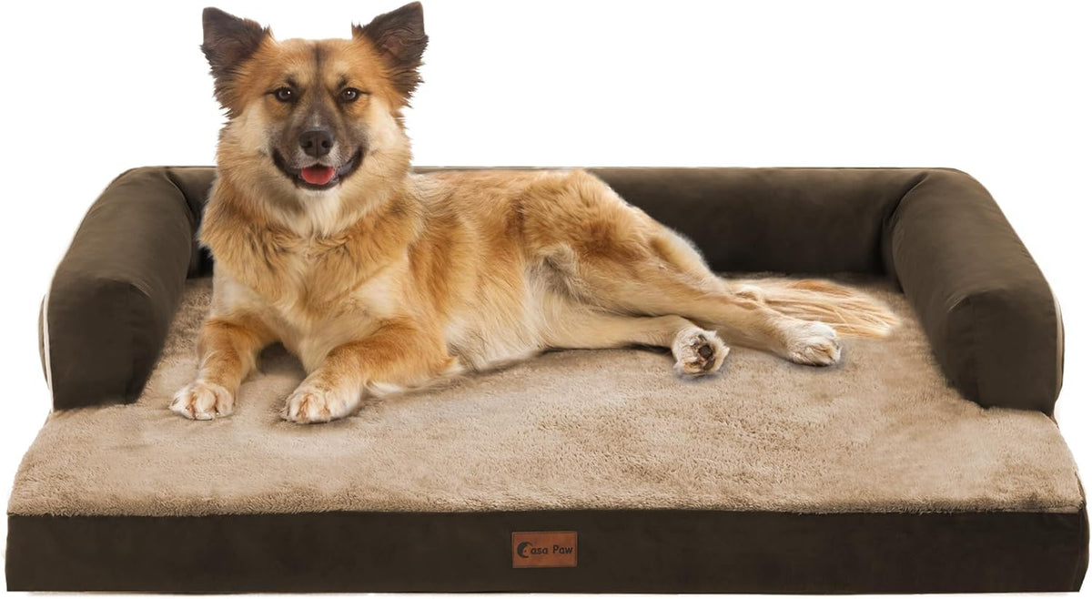 Orthopedic Dog Beds for Large Dogs, Waterproof Dog Beds, Egg-Crate Foam Dogs Couch Beds, Comfy Bolster Pet Bed with Removable Washable Cover, Nonskid Bottom (Large,Brown)