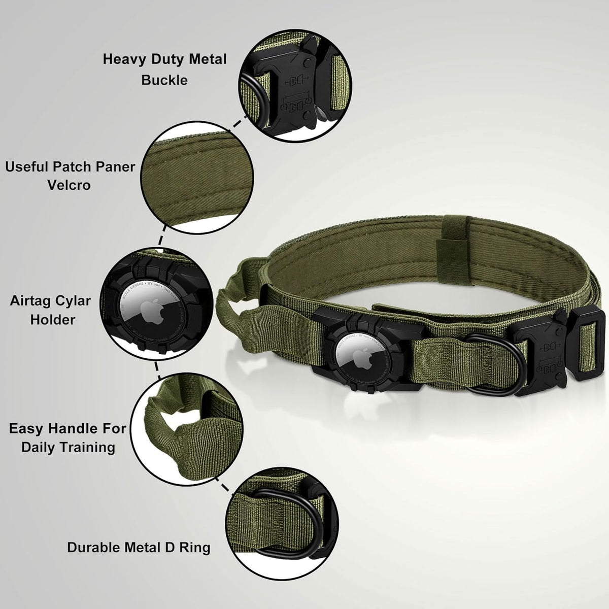 Tactical AirTag Dog Collar - Heavy Duty, Adjustable GPS Collar Compatible with Apple AirTag, with Holder & Control Handle for Medium/Large Dogs [ Green, XL ]