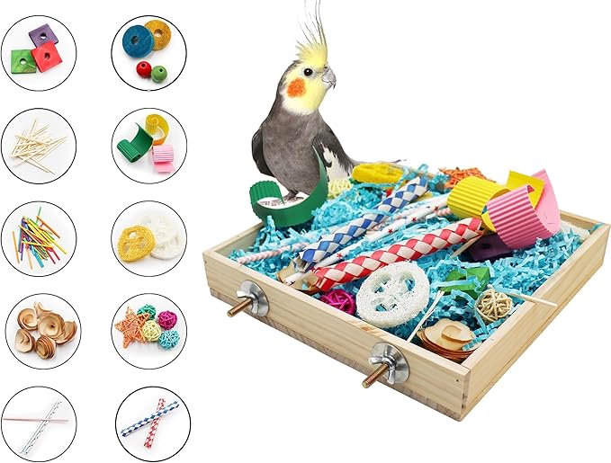 Bird Foraging Toys Box, Wooden Parrot Shredding Toys Box, Bird Chewing Toys, Birdcage Accessories, Suitable for Small Birds Parakeets Cockatiels Love Birds Conures