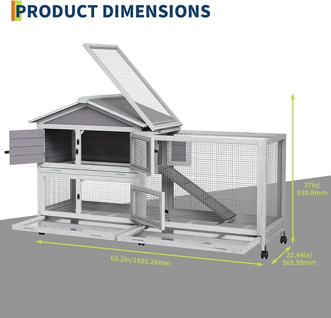 Bunny Cage with Weatherproof Roof, Rabbit Cage with 6 Lockable Caster Wheels & Pull-Out Tray, Rabbit Hutch for Indoor Outdoor Use, Grey（63.2" l x 22.4" w x 37"）