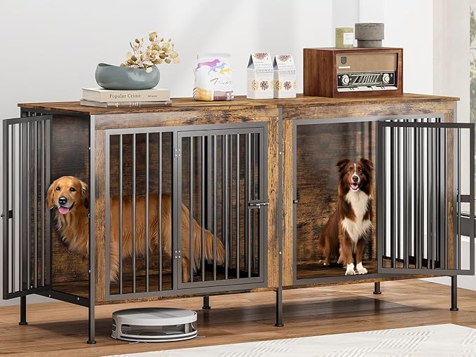 63 in Dog Crate Furniture for 2 Large/Medium Dogs with Removable Divider, Extra Large Double Doors Dog Kennel, XXL Thick Wooden Dog Cage Furniture,Sturdy and Durable, Brown