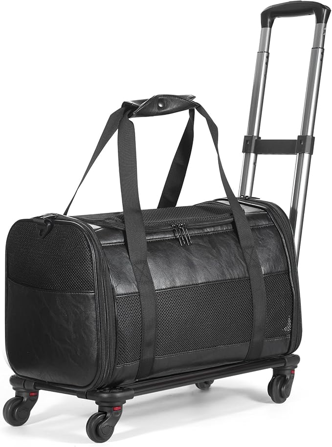 Airline Approved Pet Carrier with Wheels, Rolling Soft Sided Dog Cat Travel Bag, Premium Fashion Leather Small Pet Carrier Purse for Puppies and Cats Black
