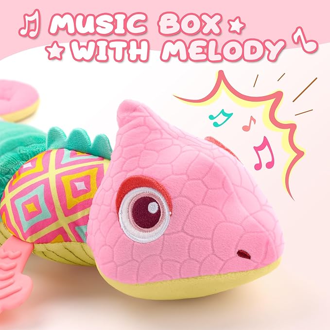 Baby Toys 0-6-12 Months, Musical Stuffed Animal Activity Soft Toys with Multi-Sensory Crinkle,Rattles and Textures,Infant Baby Girl Toys Gifts for Newborn Tummy Time,Dinosaur,Pink