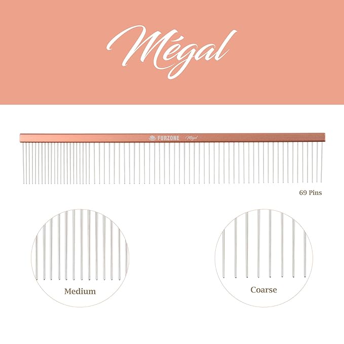 2-in-1 Megal Greyhound Comb for Dogs (Medium/Coarse), 69 Stainless Steel Pins Dog Comb, Aluminum 24.5cm Handle,Lightweight,Gently Remove Dogs’ Head/Body Fur, Professional Grooming Accessories