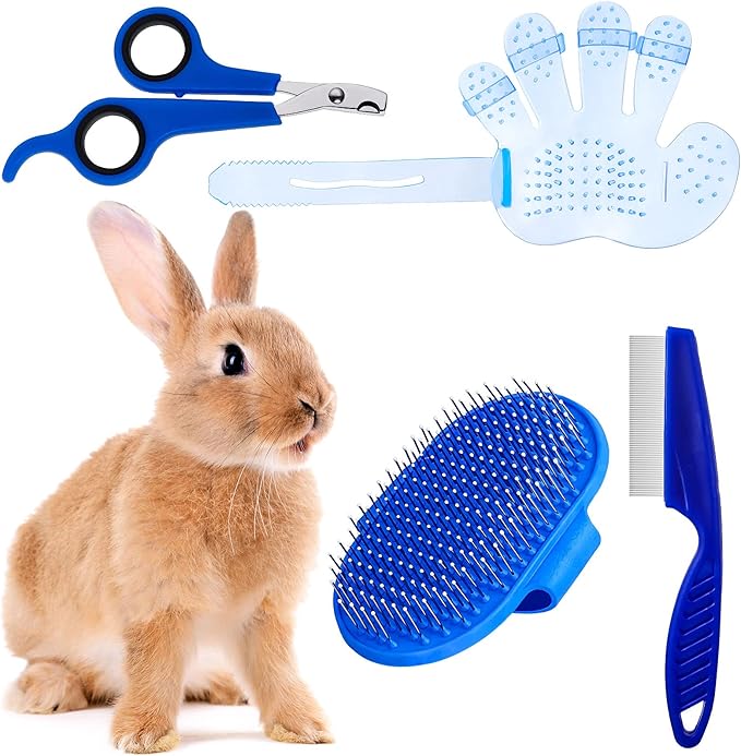 Patelai 4 Pieces Bunny Grooming Kit: Rabbit Nail Clipper, Rabbit Brush, Hair Remover, Shampoo Brush with Adjustable Ring Handle for Rabbits, Hamsters(Blue)