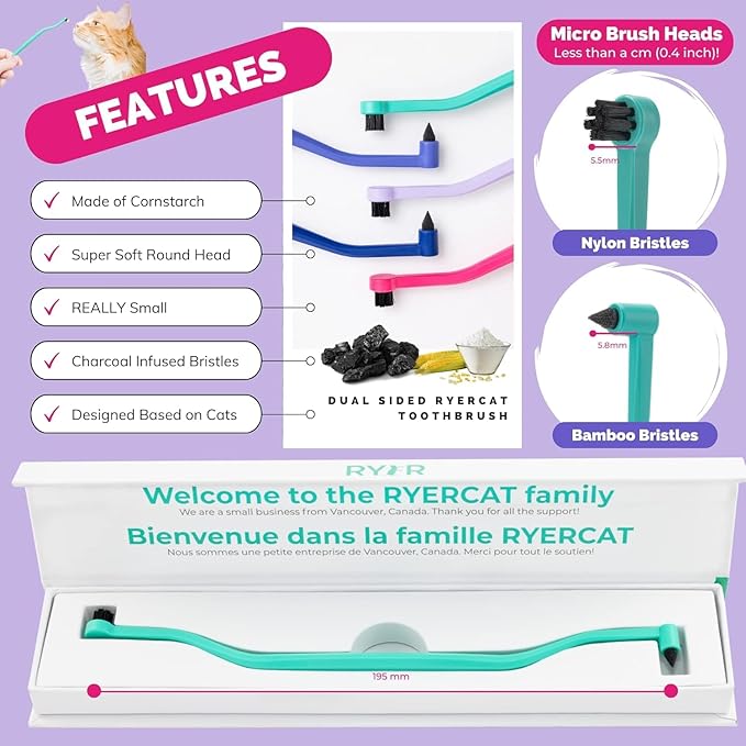 RYERCAT Set of 2 Dual Sided Cat Toothbrush - Kitten Toothbrush with Micro Head to fit into Cat/Kittens Mouth - Cat Dental Care Supplies - Pet Toothbrush for Cats(Lavender Purple & Ocean Blue)